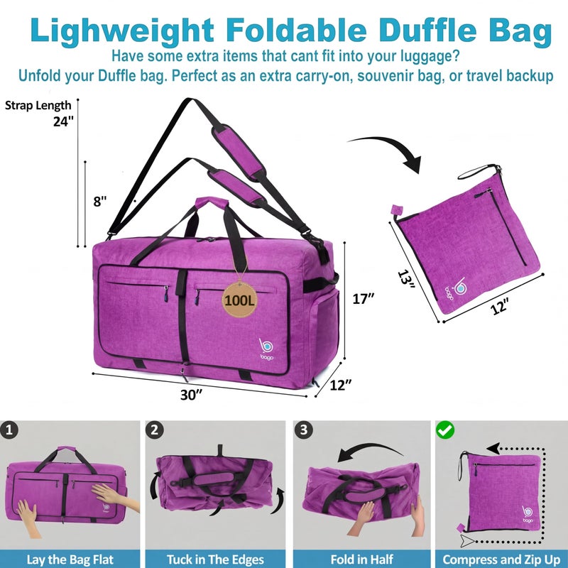 Bago Large Foldable Duffel Bags for Traveling Women & Men - 100L Packable Duffle Bag for Travel with Shoe Compartment - Water Repellant, Heavy Duty, Lightweight Folding & Collapsible (SnowPink) - Image 4